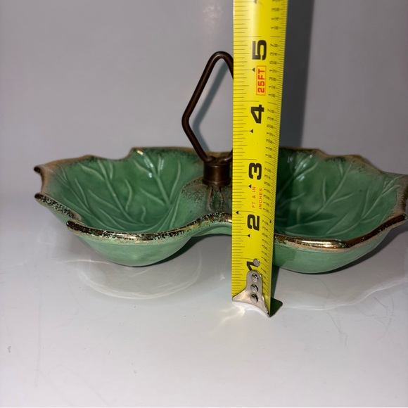 Vintage California Pottery Green Leaf Double Sided Serving Bowl MCM Handle Gold - Picture 9 of 10
